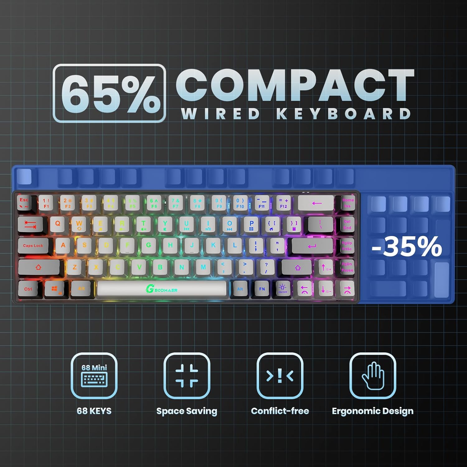 65% Gaming Keyboard, Wired Backlit Mini Keyboard, Ultra-Compact Anti-Ghosting No-Conflict 68 Keys Membrane Gaming Wired Keyboard for PC Laptop Windows Gamer - Image 4