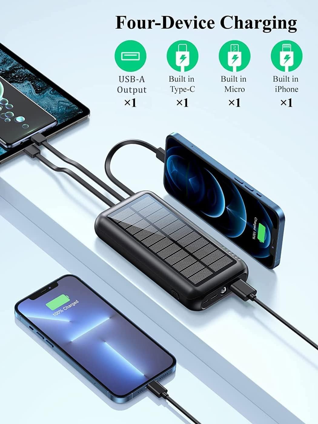 UYAYOHU Power-Bank-Solar-Portable-Charger - 40000mAh Power Bank Large Capacity Built in 3 Output and 1 Input Cables and Flashlight 5V3.1A Fast Charger Compatible with All Smart Phones and Devices - Image 3