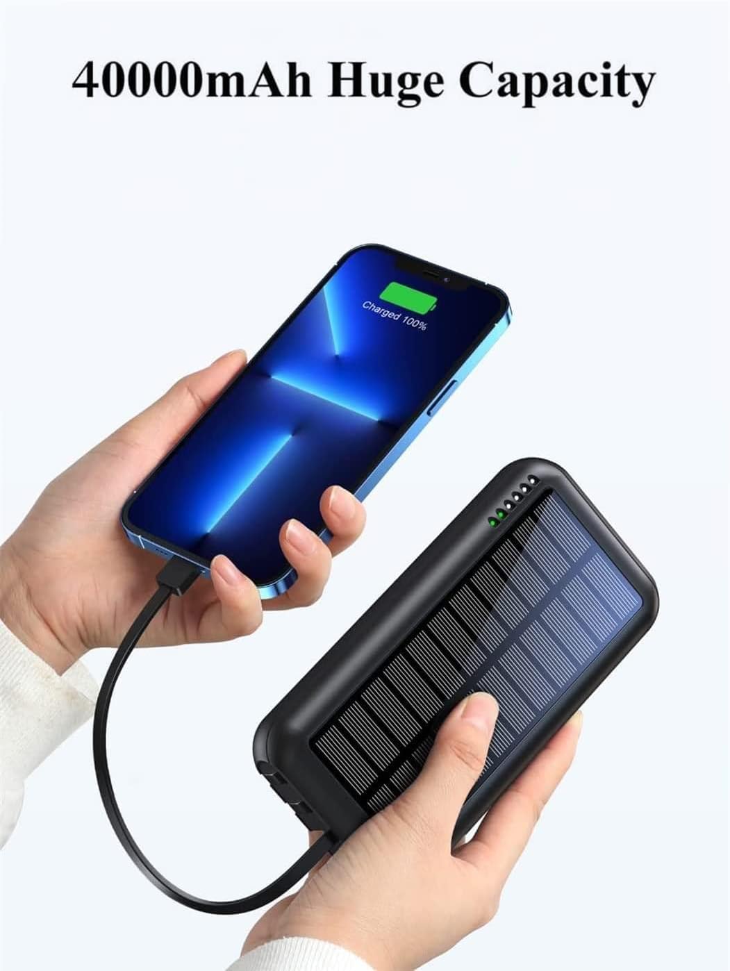 UYAYOHU Power-Bank-Solar-Portable-Charger - 40000mAh Power Bank Large Capacity Built in 3 Output and 1 Input Cables and Flashlight 5V3.1A Fast Charger Compatible with All Smart Phones and Devices - Image 4