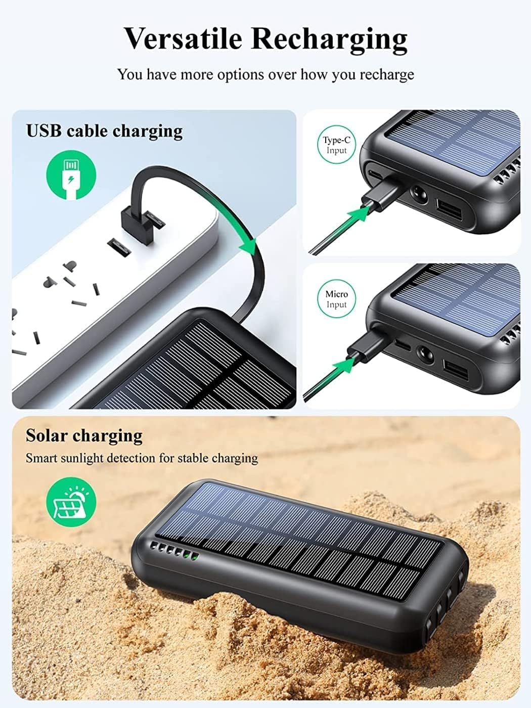 UYAYOHU Power-Bank-Solar-Portable-Charger - 40000mAh Power Bank Large Capacity Built in 3 Output and 1 Input Cables and Flashlight 5V3.1A Fast Charger Compatible with All Smart Phones and Devices - Image 5
